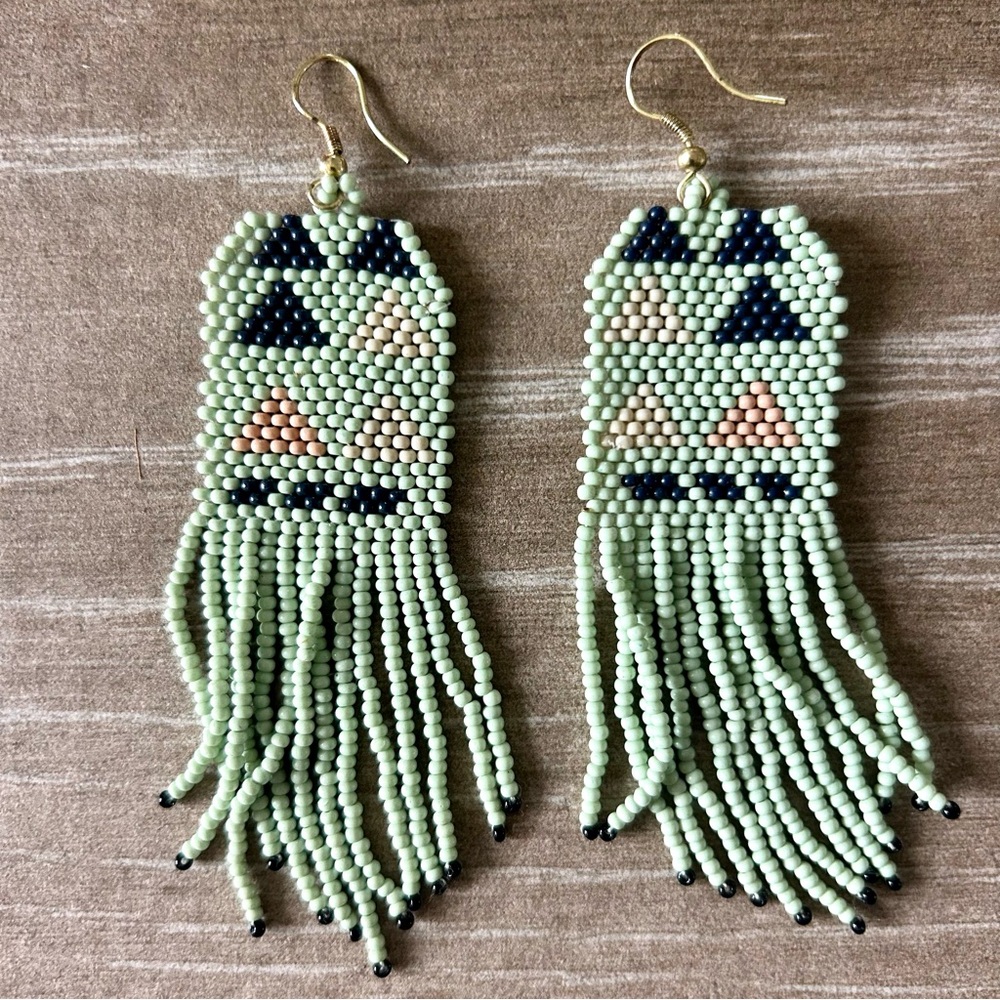 Beaded Fringe Earrings in Mint and Navy